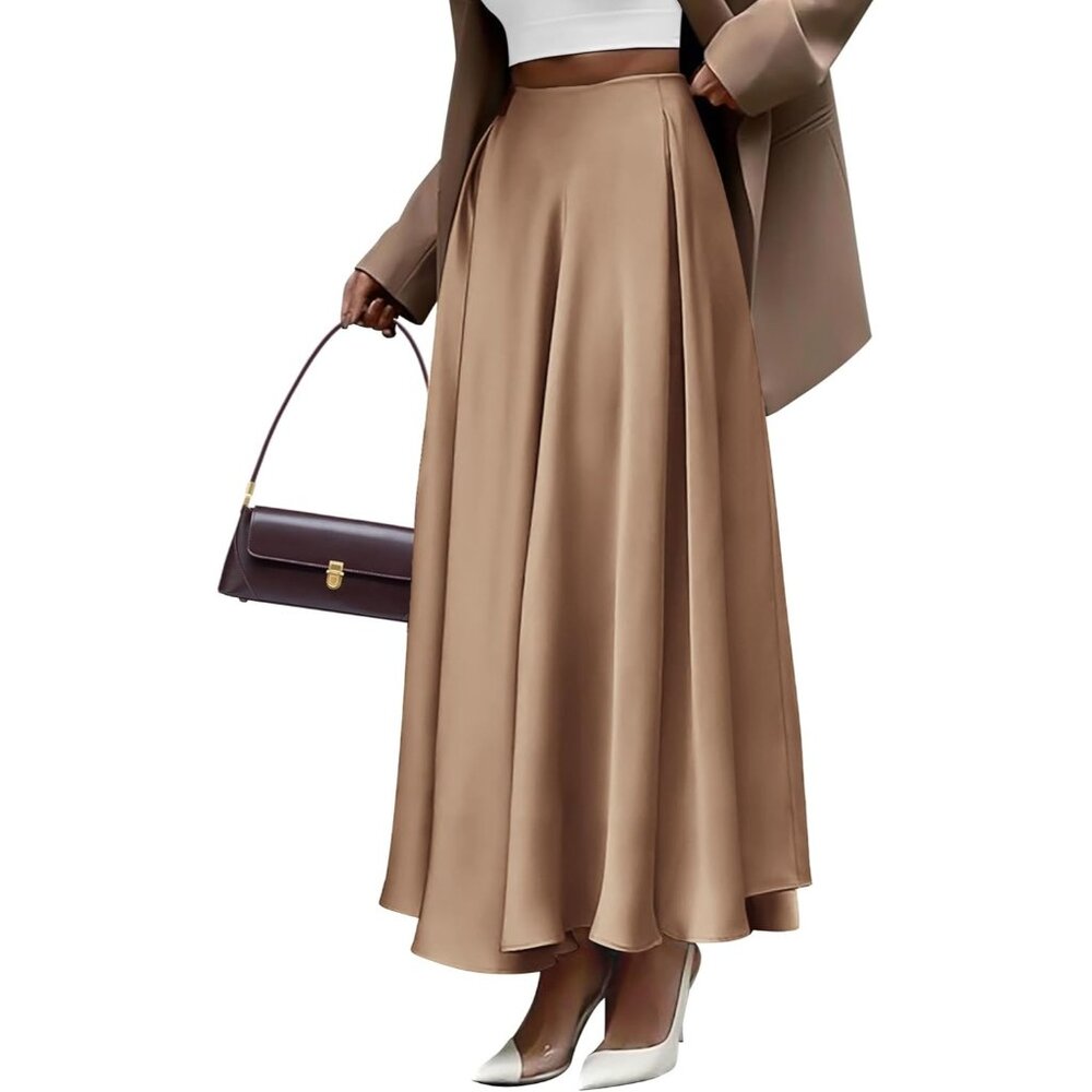 Women's Coffee Tan Satin Elegant Flowy A-Line Cocktail Formal Outfits Maxi Skirt
